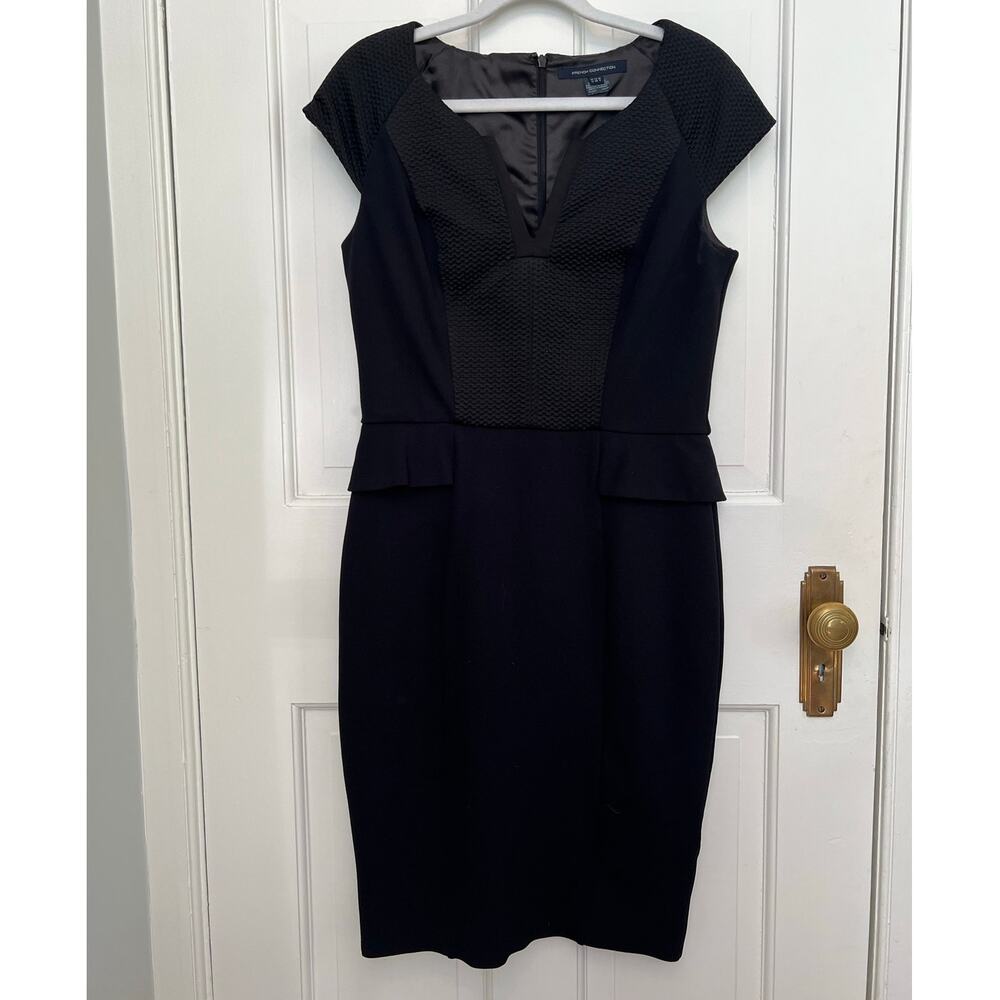 French Connection Black Cap Sleeve V Neck Peplum Sheath Dress Women's 8 Career